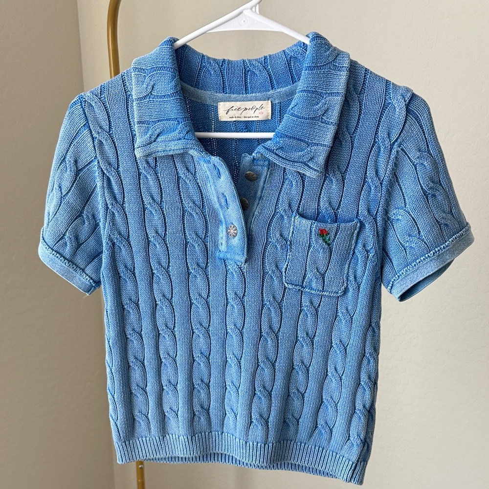 Free People Blue Cable Knit Polo Shirt size small